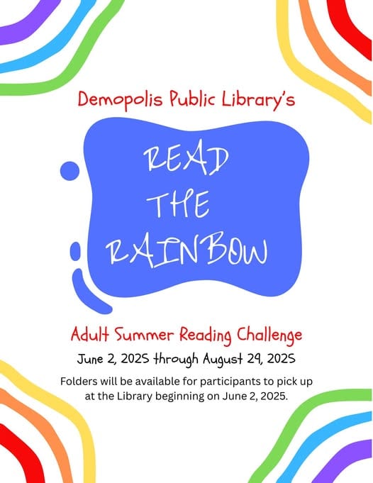 Demopolis public library read the rainbow adult summer reading challenge.